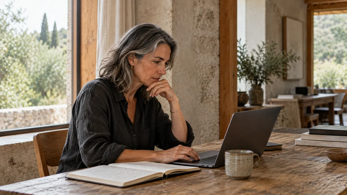 Een vrouw denkt na achter haar laptop aan een houten tafel, met een open notitieboek naast zich.