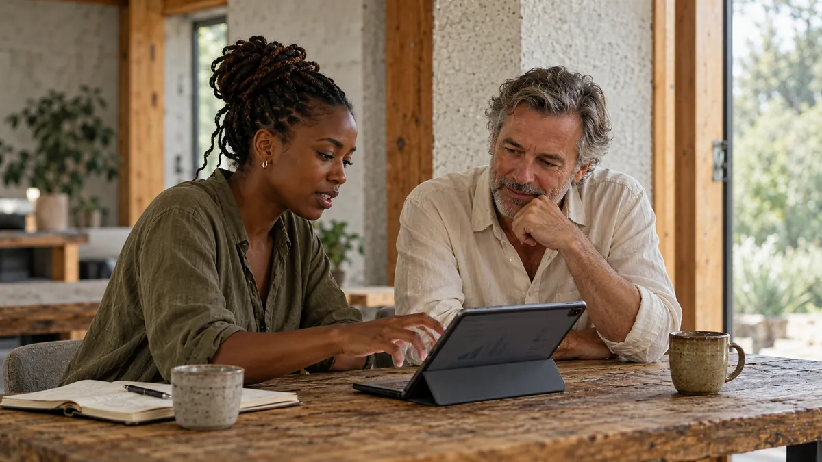 Twee collega's bespreken samen iets op een tablet aan een houten tafel.